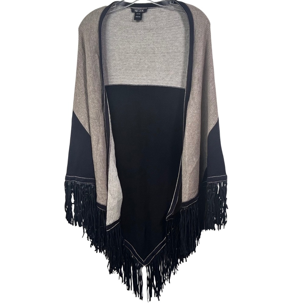 NIC+ZOE Womens Colorblock Fringe Knit Poncho Wrap Black Tan One Size